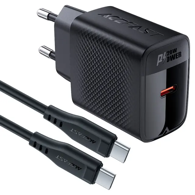 Φορτιστής Ταξιδίου Acefast A82 GaN USB-C PD20W Μαύρος + Καλώδιο Φόρτισης Type C σε Type C 1.2m