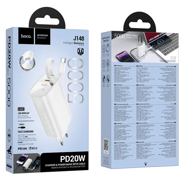 Power Bank Hoco Hoco J148 Handy 5000mAh PD20W QC3.0A Φορτιστής με 1xUSB-C και Καλώδιο Type-C Λευκό 2