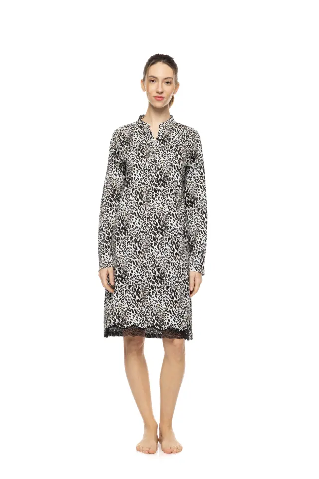 Pink Label Nightgown Ivory Leopard γυναικείο χειμερινό νυχτικό W1943-1