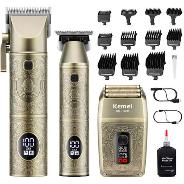 Kemei Σετ Επαναφορτιζόμενη Μηχανή Trimmer και Κουρευτική σε Ασημί Χρώμα KM-8540