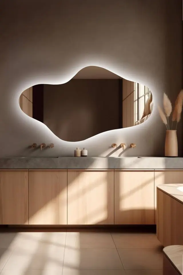 Stewehome Ασύμμετρος διακοσμητικός καθρέφτης με LED φωτισμό για μπάνιο και σαλόνι 30x60 cm