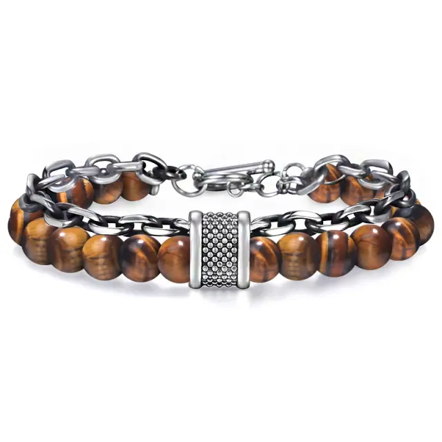 Tiger Eye Βραχιόλι Ανοξείδωτο Ατσάλι με Ασημί Αλυσίδα