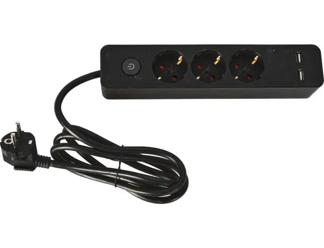 Πολύπριζο (KT9000020) 3x Schuko, 2x USB, Mε διακόπτη Οn/Off, Παιδική προστασία, καλώδιο 1.4m, Μέγιστη ισχύ 3680watt - Mαύρο KT9000020 3