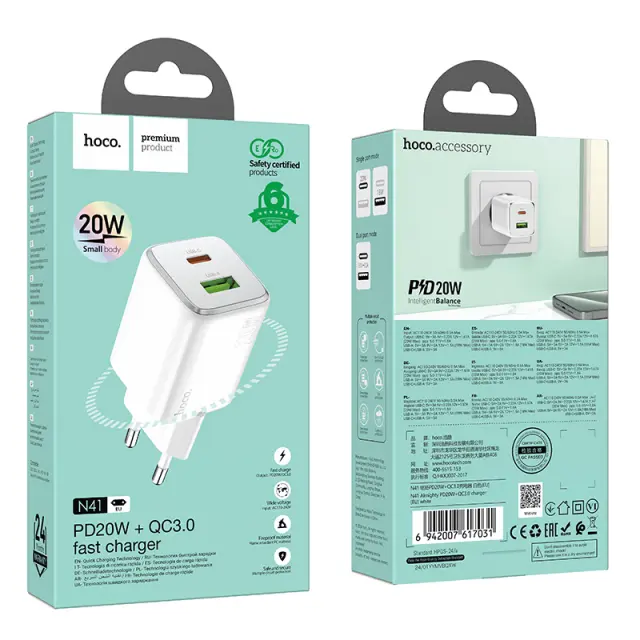 Φορτιστής Ταξιδίου Hoco N41 Almighty με 2 Εξόδους Φόρτισης USB QC3.0 18W και USB-C PD20W Λευκός 2