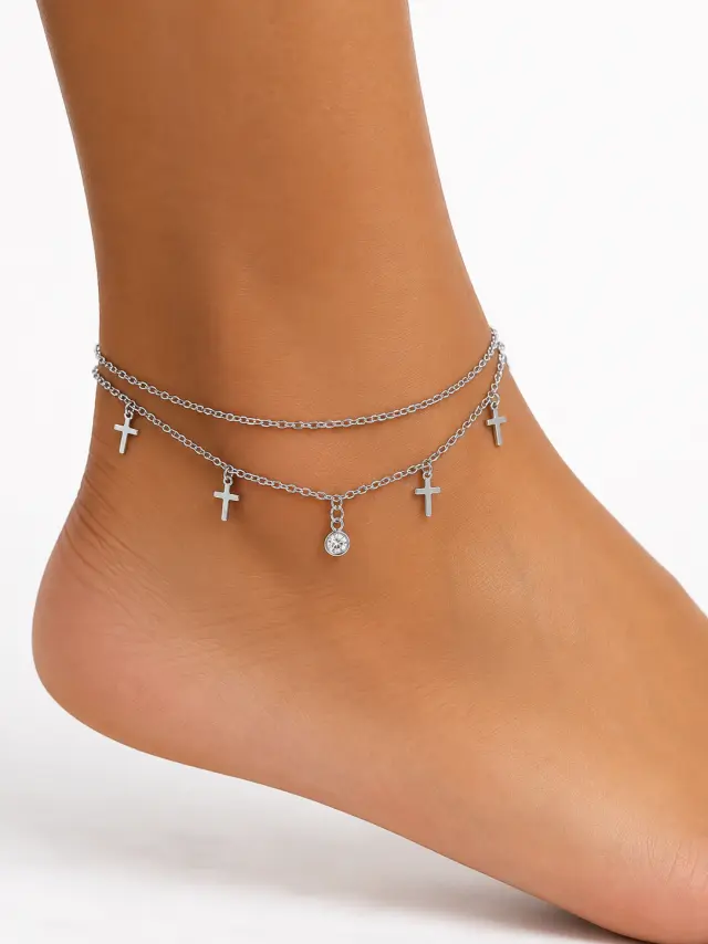 Ghetto Stainless Steel Double Layer Cross Anklet with Crystal Charm – Silver 2