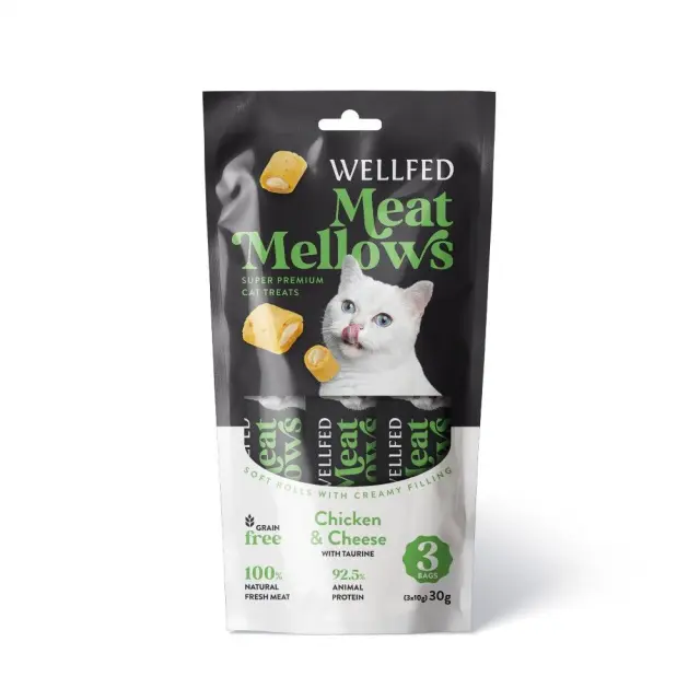 Wellfed Meat Mellows Λιχουδιά σε Ρολάκια με Γεύση Κοτόπουλο & Τυρί για Γάτες (3x10gr) Μονόχρωμο