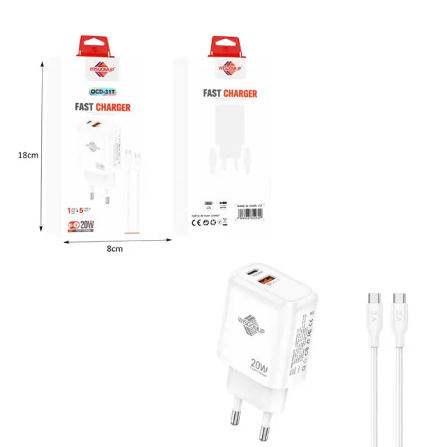 Wisdomup Φορτιστής Κινητού USB-C και USB με Καλώδιο Type-C σε Type-C 20W OCD-31T - Fast Charger with Type-C to Type-C Cable 121229 3