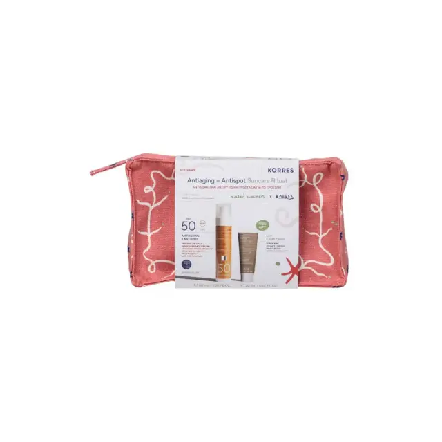Korres Promo Antiaging & Antispot Suncare Ritual Αντηλιακή & Αντιρυτιδική Προστασία με Red Grape Sheer Glow Αντηλιακή Κρέμα Προσώπου SPF50, 50ml, Black Pine Κρέμα Ημέρας για Σύσφιξη & Lifting, 20ml & Δώρο Naked Summers x Korres Νεσεσέρ, 1τεμ, 1σετ