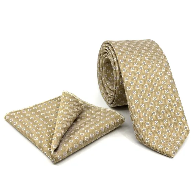Champagne Μπεζ Γραβάτα Μικροσχέδιο Microfiber Σετ με Μαντήλι