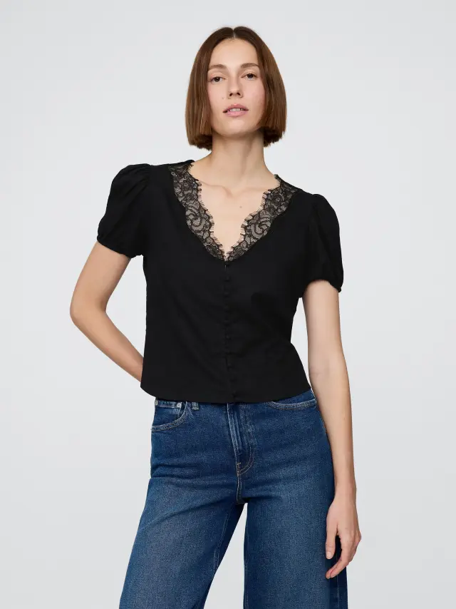 Μαύρη Λινή-Μίξη Δαντέλα V-Neck Τοπ True black - XS