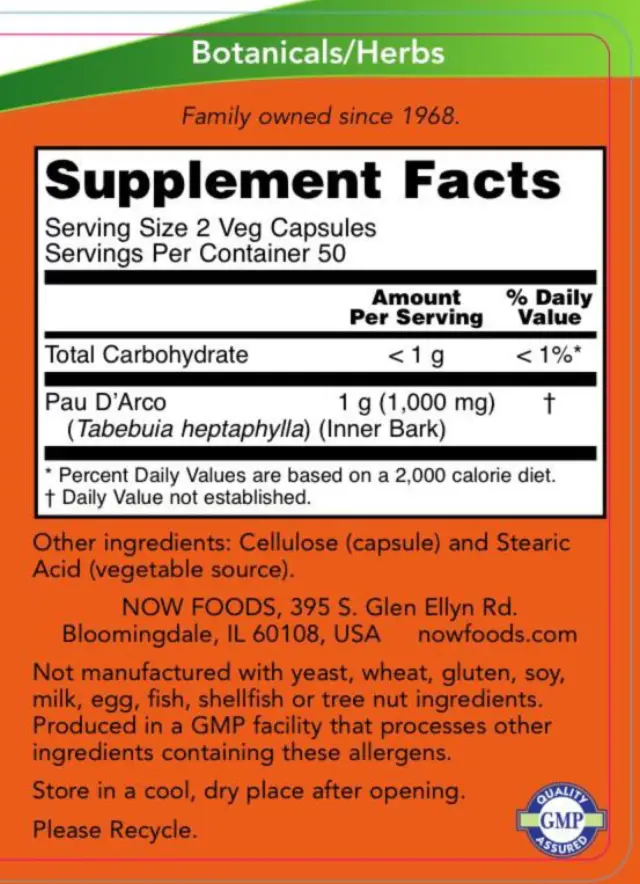 Now Foods Pau D' Arco 500 mg 100 Veg Capsules 2