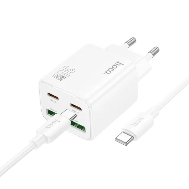 Hoco Φορτιστής με Θύρες USB-C, USB-A και Καλώδιο Type-C 30W Λευκός N56