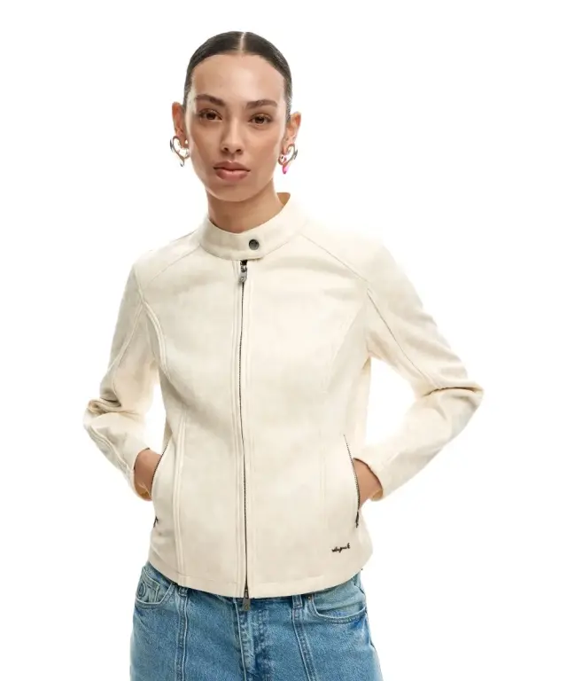Desigual - Γυναικείο Δερμάτινο Μπουφάν Mao Collar Regular Fit 26SWEW10-1000 Λευκό - S