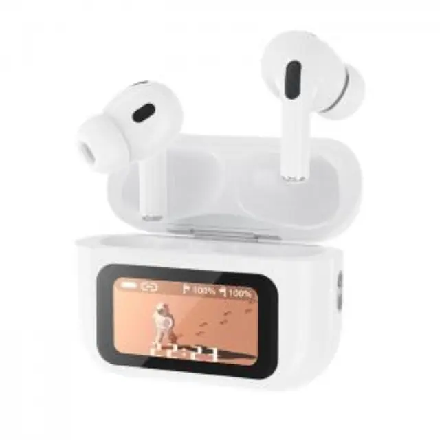Bluetooth ακουστικά handsfree με θήκη ασύρματης φόρτισης, noise cancellation και οθόνη, σε λευκό χρώμα 2