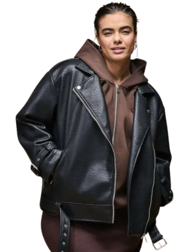 Biker jacket δερματίνη plus size - Μαύρο - 46