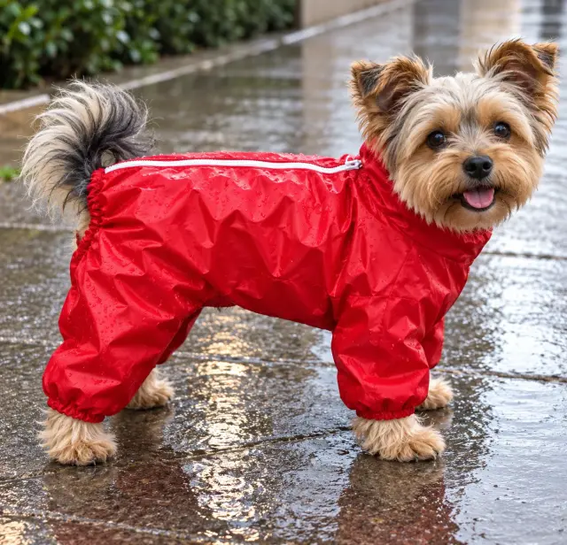 Αδιάβροχη Ολόσωμη Φόρμα Σκύλου WOOF MODA Κόκκινη με Φερμουάρ & Τσαντάκι Μεταφοράς – XXL 41cm