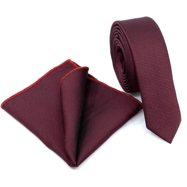 Μπορντό Oxford Γραβάτα Slim 4,5 cm Σετ με Μαντηλάκι