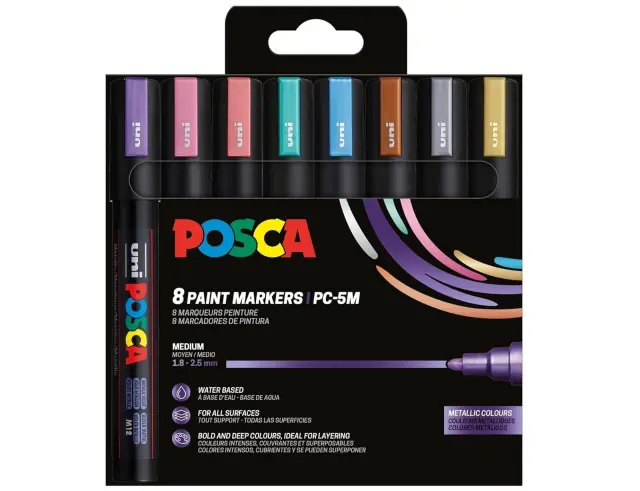 Μαρκαδόροι Σχεδίου Uni Posca PC-5M Metallic Medium με πάχος μύτης 1.8-2.5mm - 8 τεμάχιαPC-5M 8P SET METALLIC COLOR