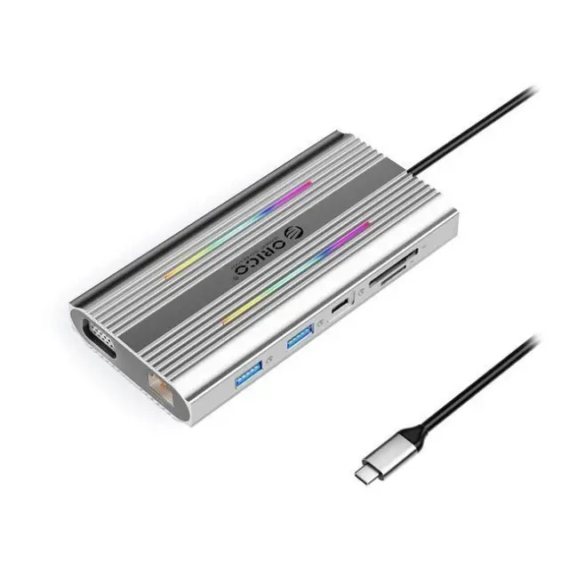 Orico Docking Station XCR 12in1 RGB 3x USB-A USB-C PD 100W HDMI 4K VGA RJ45 Gigabit SD / microSD Card Reader Silver