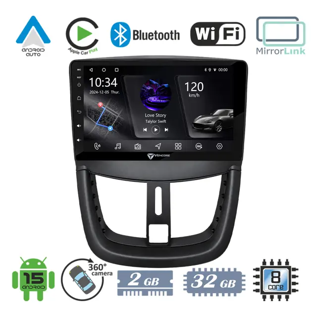 VenCore Οθόνη Multimedia Android 15 9" PX5S Octa-Core 2GB/32GB IPS με Πρόσοψη, CarPlay, Android Auto και Υποστήριξη Κάμερας 360° για Peugeot 207 2007-2012 – Μαύρη (3236-10005-0688B)