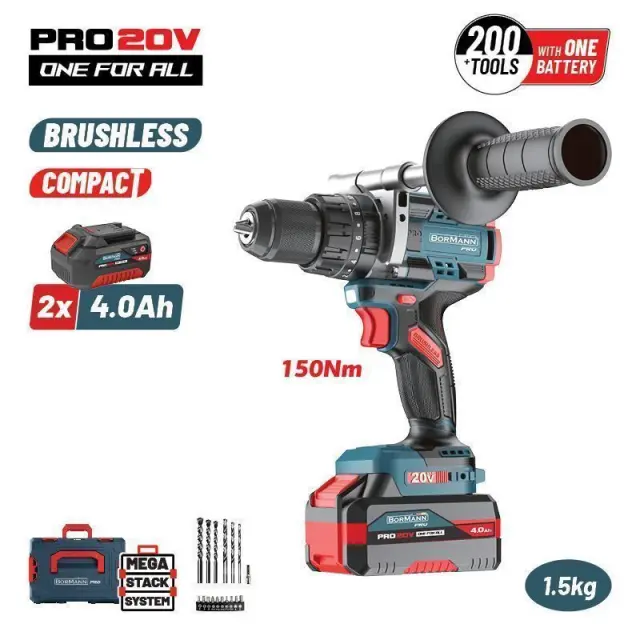 Bormann Pro BBP5406X44CA - Δραπανοκατσάβιδο Κρουστικό, Compact, Brushless Μπαταρίας 20V, Li-Ion με 2 Μπαταρίες 4Ah (2x4Ah) + Ταχυφορτιστή (085072)