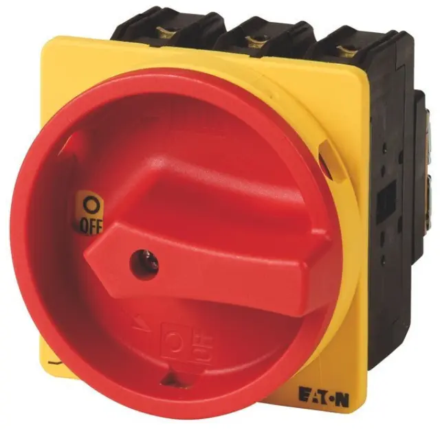 P3-100/EA/SVB Main switch, P3, 100 A, flush mounting, 3 pole, Emergency switching off function, With red rotary handle and yellow locking ring, Lockable in the 0 (O