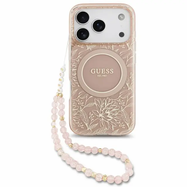Θήκη PU/ Silicon Guess Apple iPhone 18 Pro/ 17 Pro Magsafe IML Flowers με Pearl Strap Ροζ N71755