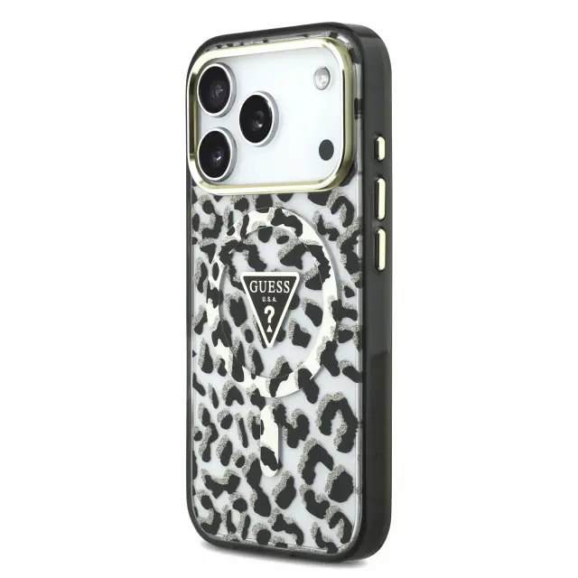 Guess IML Glitter Leopard Triangle Logo MagSafe Case for iPhone 18 Pro Max Black 2