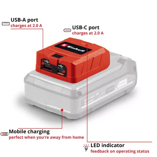 Einhell 4514148 - TC-CP 18 Li USB A/C Solo Αντάπτορας USB Μπαταρίας 18V Power X-Change 3