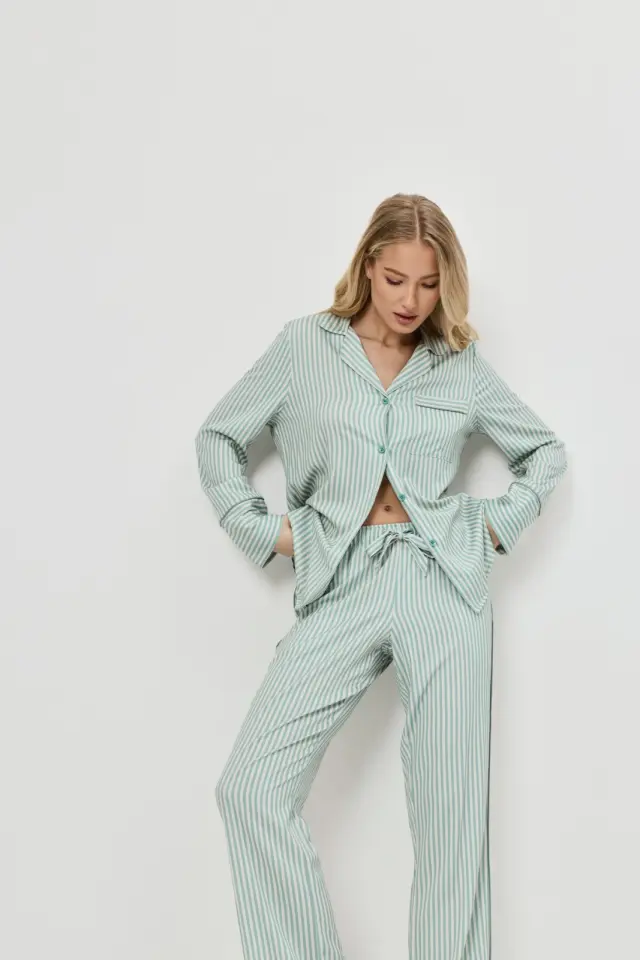 Aruelle Moss Set Long Πιτζάμα Με Κουμπιά Πράσινο Ριγέ - XL 3