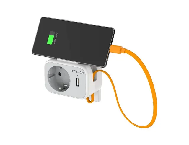 Πολύπριζο Tessan TS-332-DE με ενσωματωμένο καλώδιο USB-C 15cm - 1x Schuko, 1x USB-A, 1x USB-C - Λευκό TS-332-DE 2