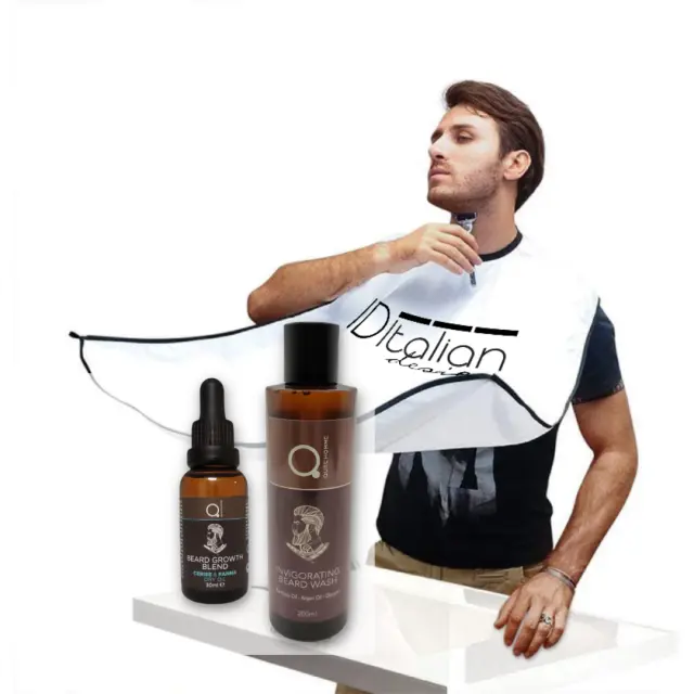 Beard Grooming Cape & Invigorating Beard Wash 200ml & Beard & Face & (DryOil) Growth Blend Cerise & Panna 30ml Bundle by Qure & Δώρο Τσαντάκι Νεσεσέρ