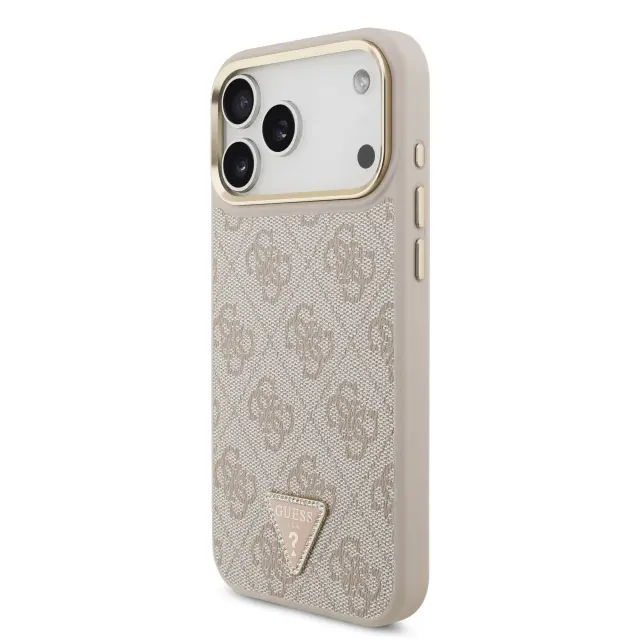 Guess PU Leather 4G Strass Triangle Logo Gold Frame MagSafe Case for iPhone 18 Pro Max Pink 2