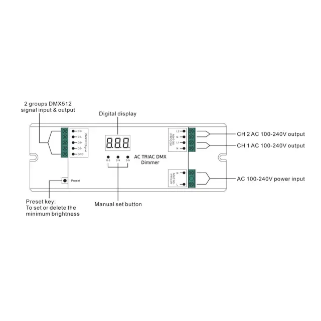 DMX Ροοστάτης AC TRIAC 100-240VAC 240-576W 2 κανάλια 1.2A Άσπρο 2
