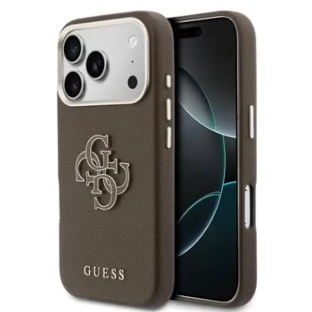 Guess PU Grained 4G Resin Metal Logo Case for iPhone 17 Pro Brown
