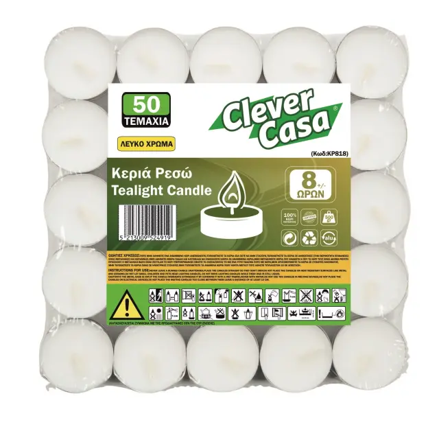 Κεριά Ρεσώ Λευκά Clever Casa Διάρκειας 8 Ωρών 50 Τεμαχίων