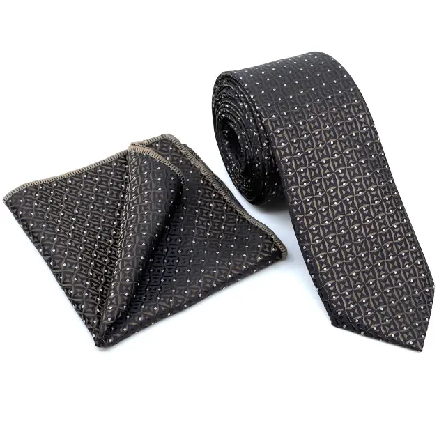 Γραβάτα Microfiber σε Καφέ Μοτίβο Σετ με Μαντηλάκι