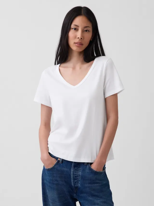 Άσπρη Vintage V-Neck Μπλούζα από Οργανικό Βαμβάκι Fresh white - S
