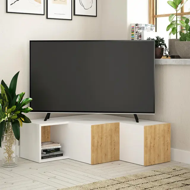 Έπιπλο τηλεόρασης γωνιακό Compact Megapap χρώμα λευκό - sapphire oak 94,2x90,6x31,4εκ.