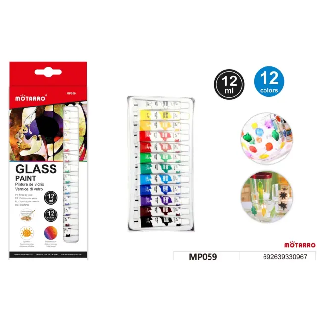 Σετ τέμπερες 12 Glass paint χρώματα 12ml - Motarro