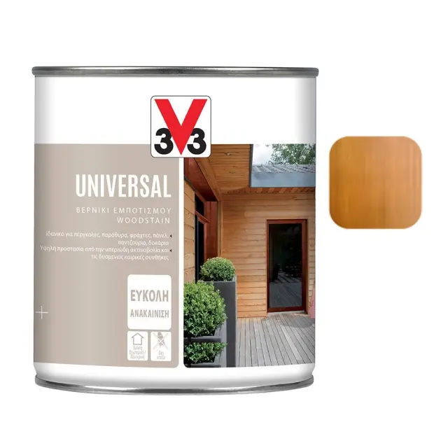 3V3 UNIVERSAL Βερνίκι εμποτισμού νερού εσωτερικής και εξωτερικής χρήσης 0,750ml - δρυς μεσαίο