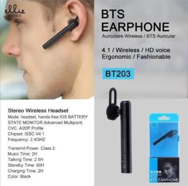 Ellietech BT203 Earbud Bluetooth Handsfree Ακουστικό Μαύρο 3