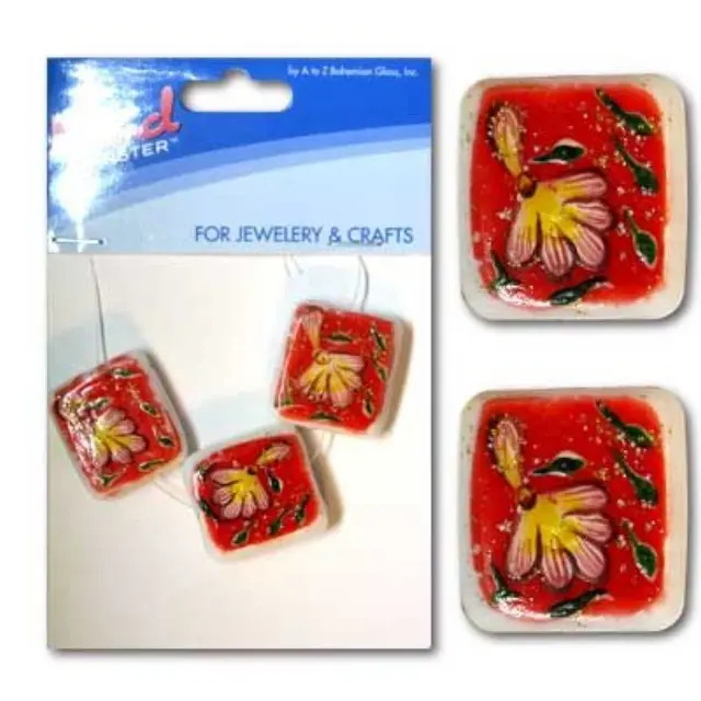 Χάντρα Γυάλινη Βαμμένη στο Χέρι - Red Flower Square 21mm - 3τεμ