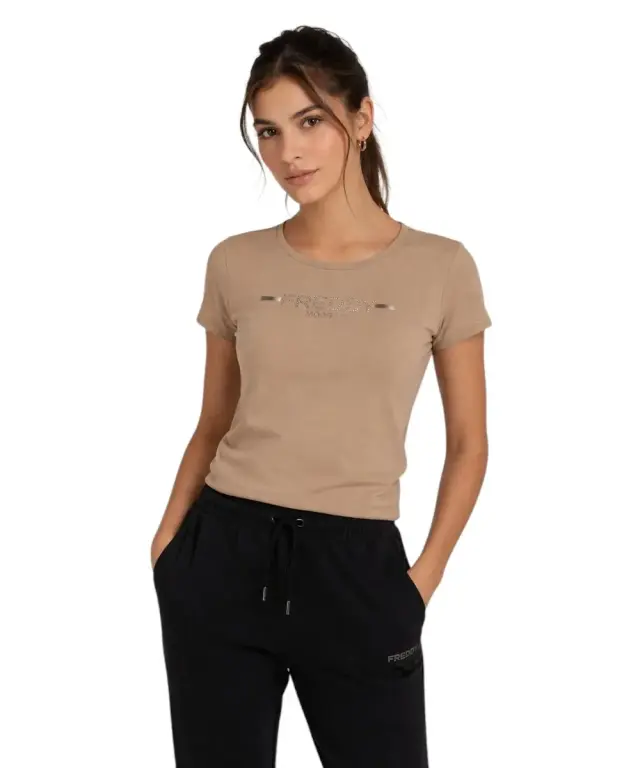 Freddy - Γυναικεία Μπλούζα T-shirt with rhinestones F25WCRT1-Z44 Μπεζ - XS