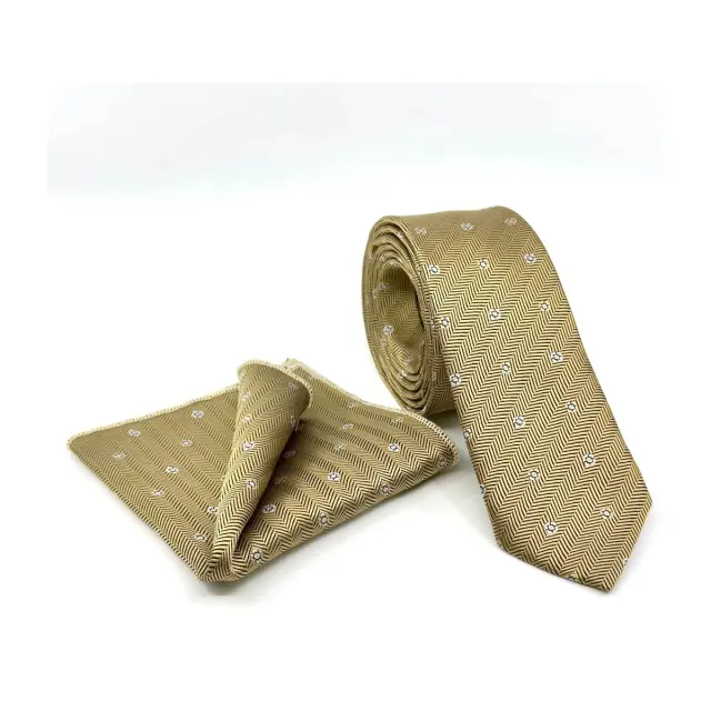 Λαδί–Χρυσαφί Σχεδιαστική Γραβάτα Microfiber Σετ με Μαντήλι 6,5 cm