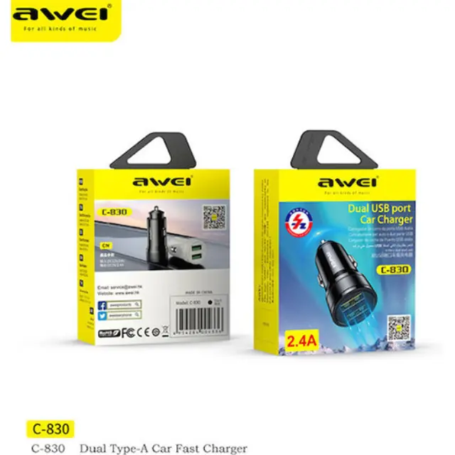 Awei C-830 Φορτιστής Αυτοκινήτου 2.4A με Θύρες: 2xUSB Μαύρο Χρώμα 2