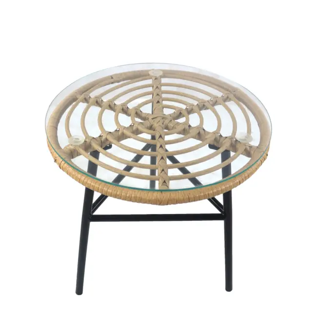Τραπέζι Κήπου ARELLIUS Φυσικό/Μαύρο Μέταλλο/Rattan/Γυαλί 45x45x46cm 2