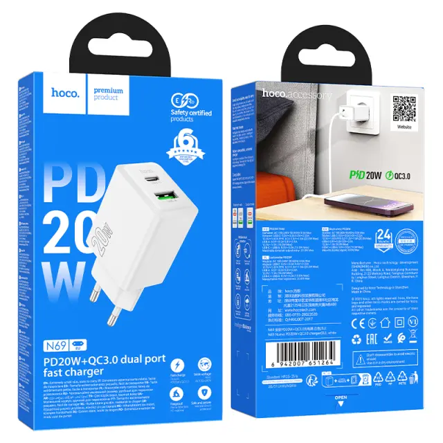 Φορτιστής Ταξιδίου Hoco N69 Nuevo PD20W 5V QC3.0A με 2 Εξόδους Φόρτισης 1xUSB-C και 1xUSB-A Λευκός 2