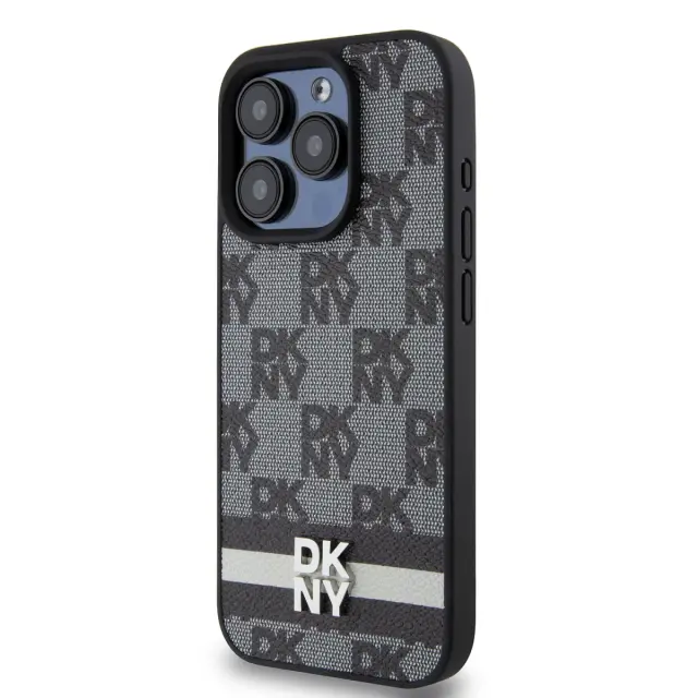 DKNY PU Leather Checkered Pattern and Stripe Case for iPhone 14 Pro Max Black 3