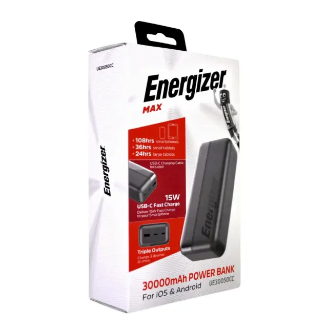 Power Bank Energizer UE30050CC 30000mAh 15W Fast Charge με 2xUSB-C 1xUSB-A και LED Ένδειξη Μπαταρίας Μαύρο